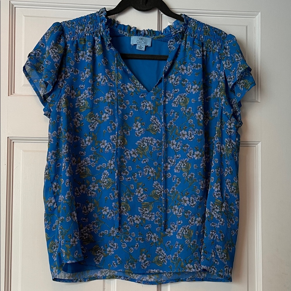 CeCe Vivid Blue Floral Flutter Sleeve Tie-Neck Blouse